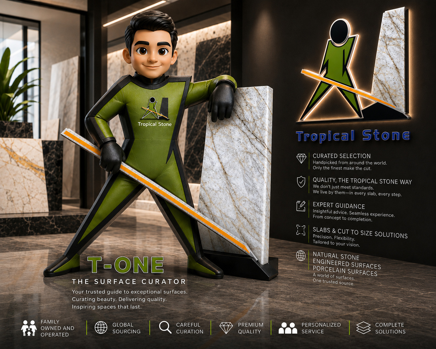 T-ONE, Tropical Stone's green-uniformed Surface Curator, standing beside a white stone slab in the Tropical Stone showroom